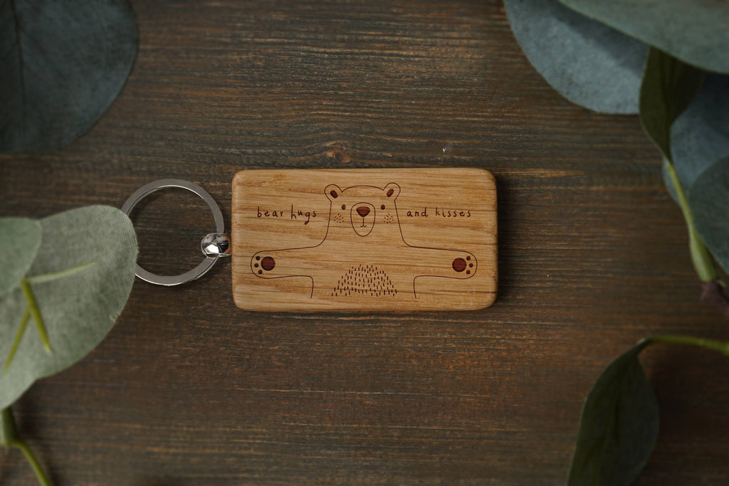 Send With Love 'Bear Hugs And Kisses' Oak Keyring