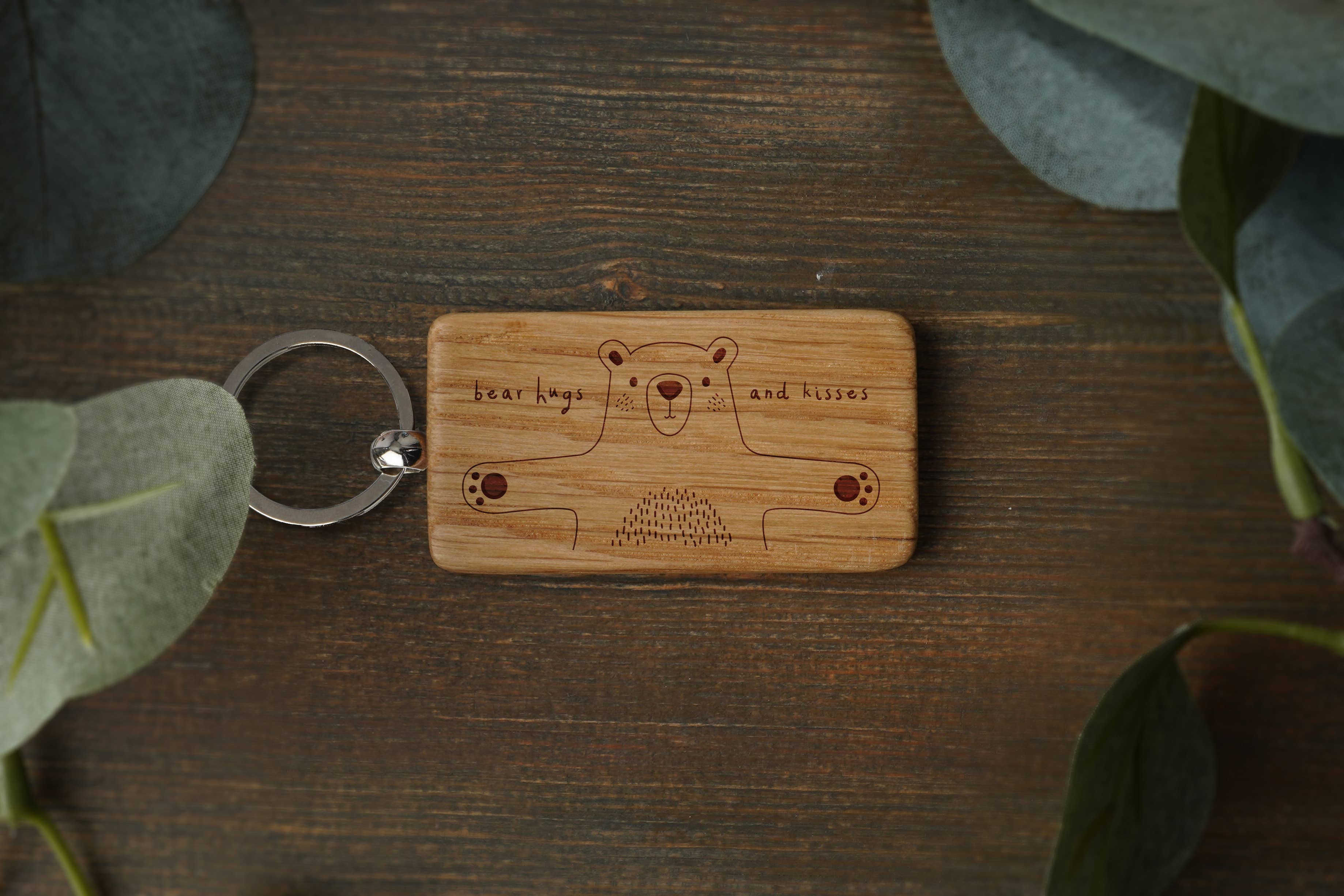 Send With Love 'Bear Hugs And Kisses' Oak Keyring