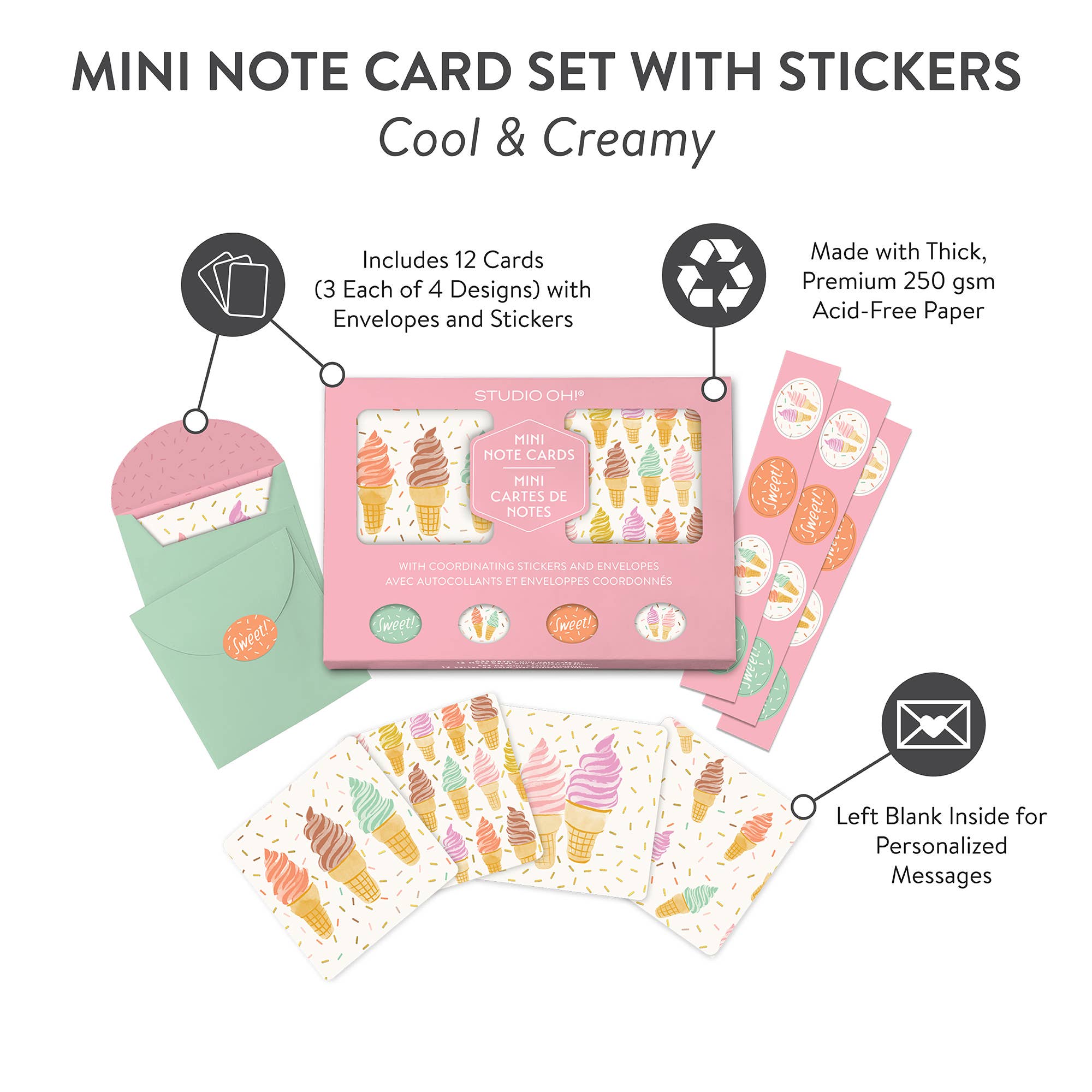 Cool & Creamy Assorted Mini Note Card Set with Stickers by Studio Oh!