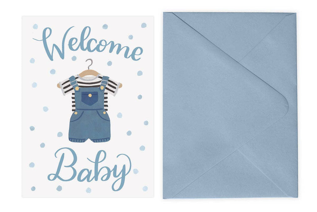 Welcome Baby - Card: Boy Overalls + Blue Envelope