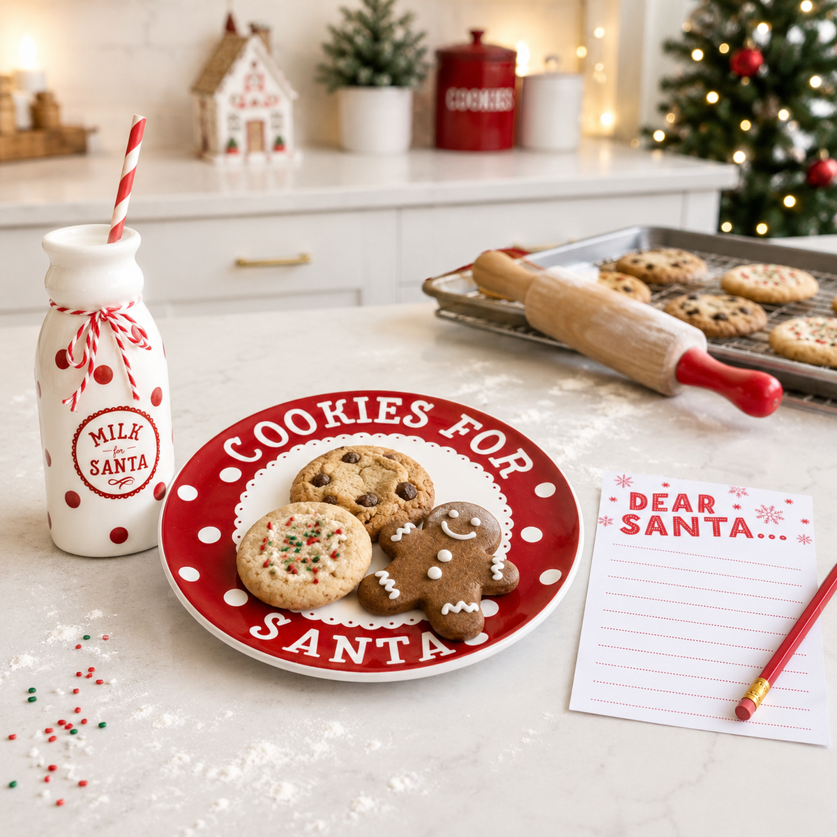 A festive holiday kitchen scene with a red and white ceramic plate reading 'COOKIES FOR SANTA' holding three decorated cookies, a white milk bottle with a red striped straw, a baking sheet with cookies, a red pen, and a 'Dear Santa.