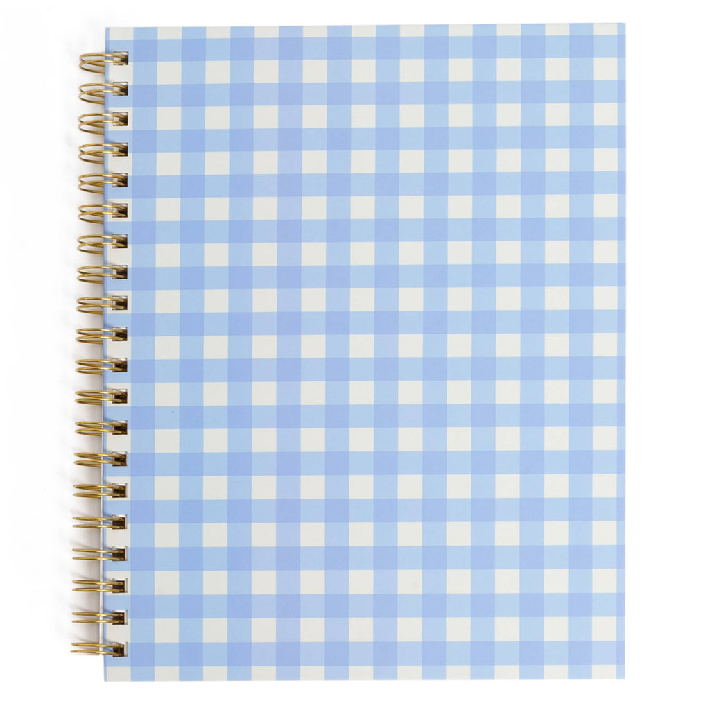 Blue Gingham Spiral Notebook | Hardcover Journal with Gold Coil, 200 Pages, 8x10.5"