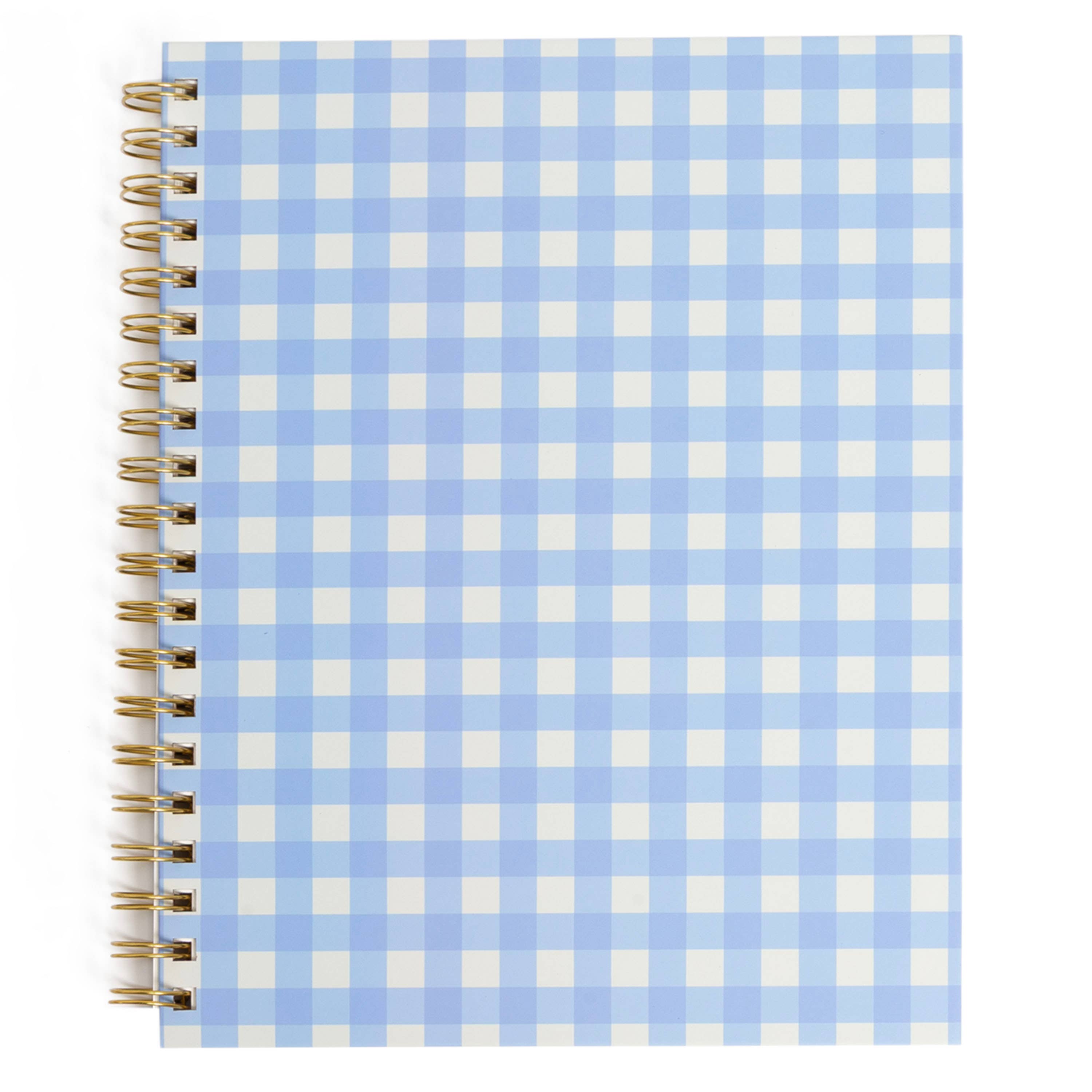 Blue Gingham Spiral Notebook | Hardcover Journal with Gold Coil, 200 Pages, 8x10.5"