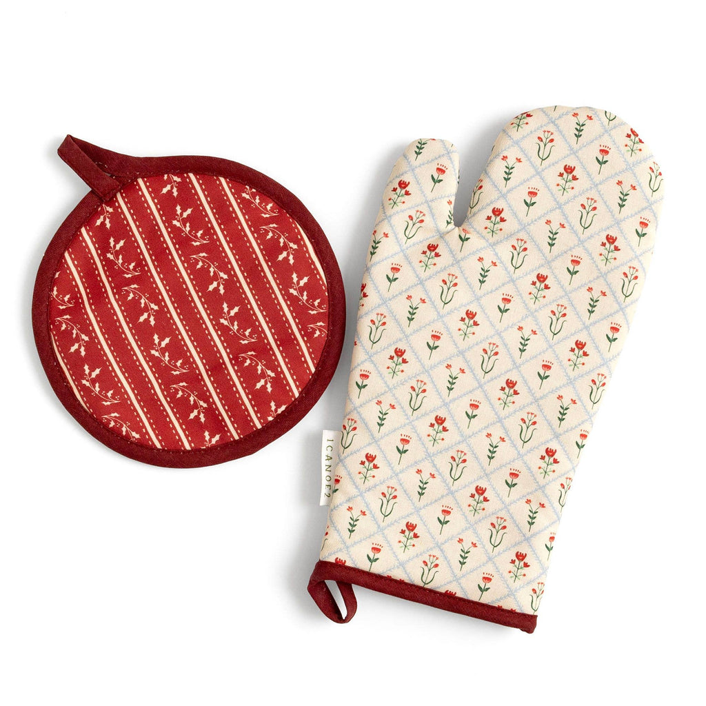 Scandinavian Folk Floral Pot Holder & Oven Mitt Set