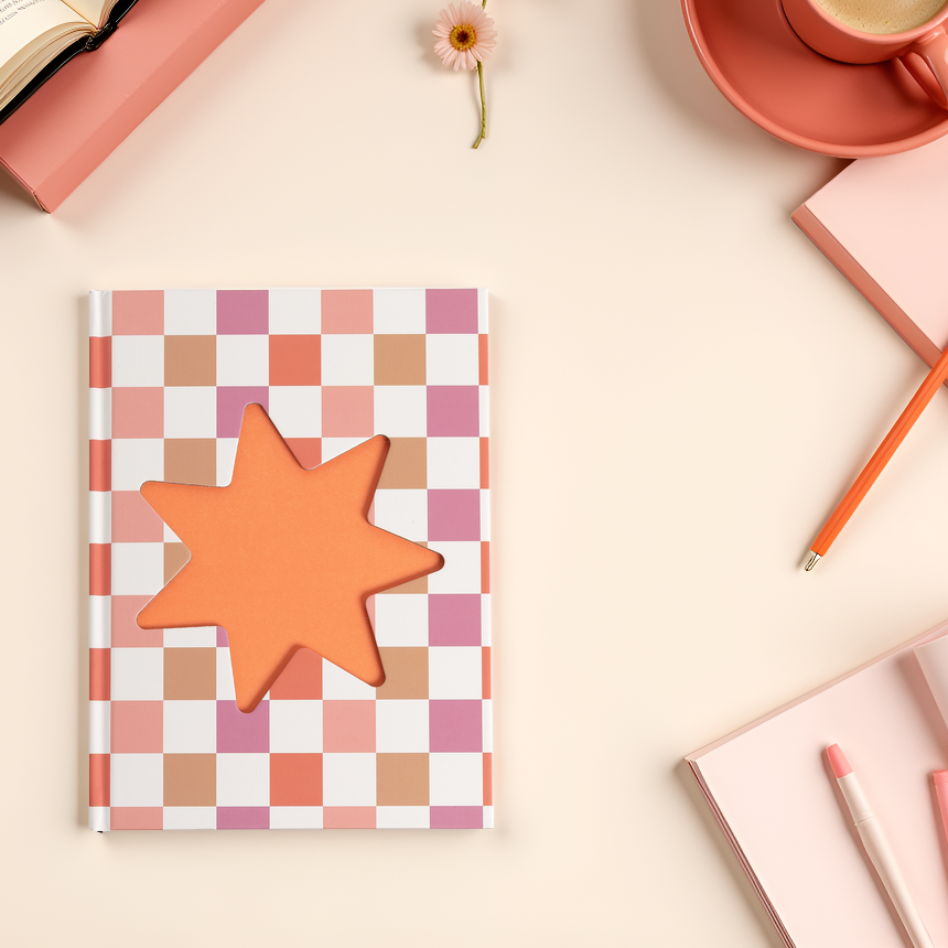 Checkered Star Pink & Orange Hardcover Journal Notebook 6x8