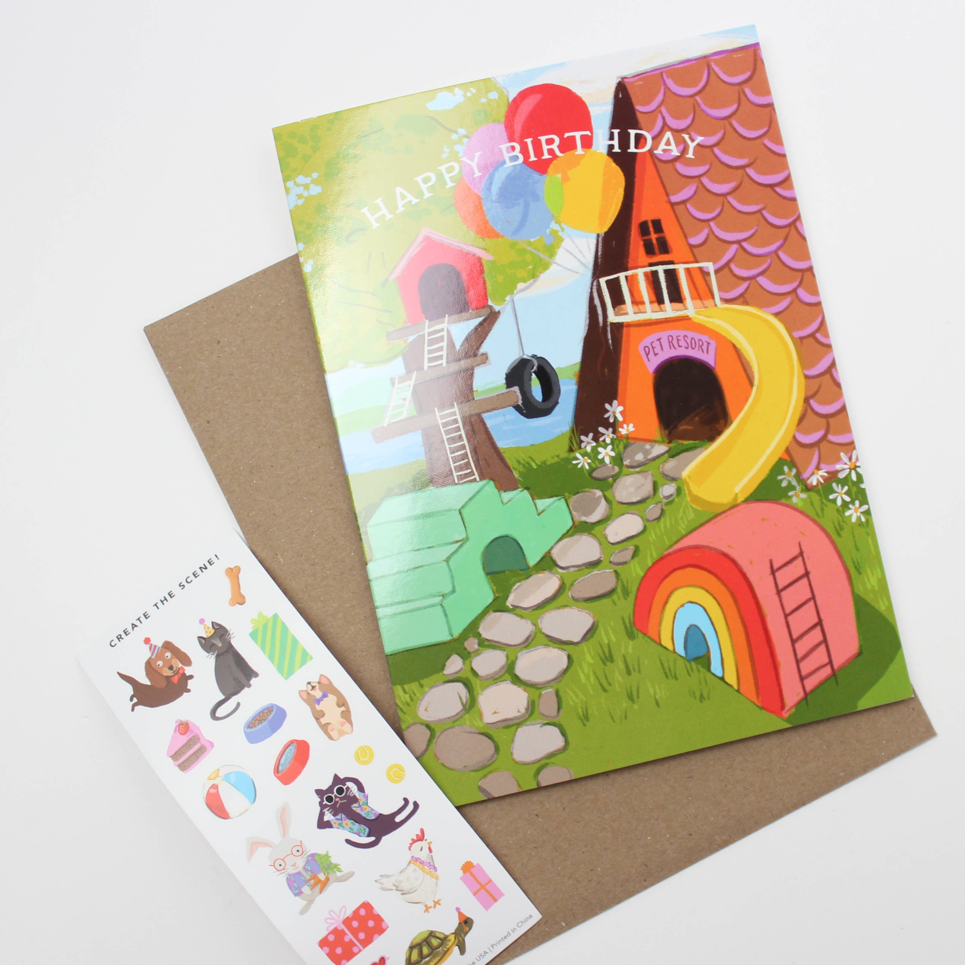 Pet Resort Birthday Sticker Scene Card