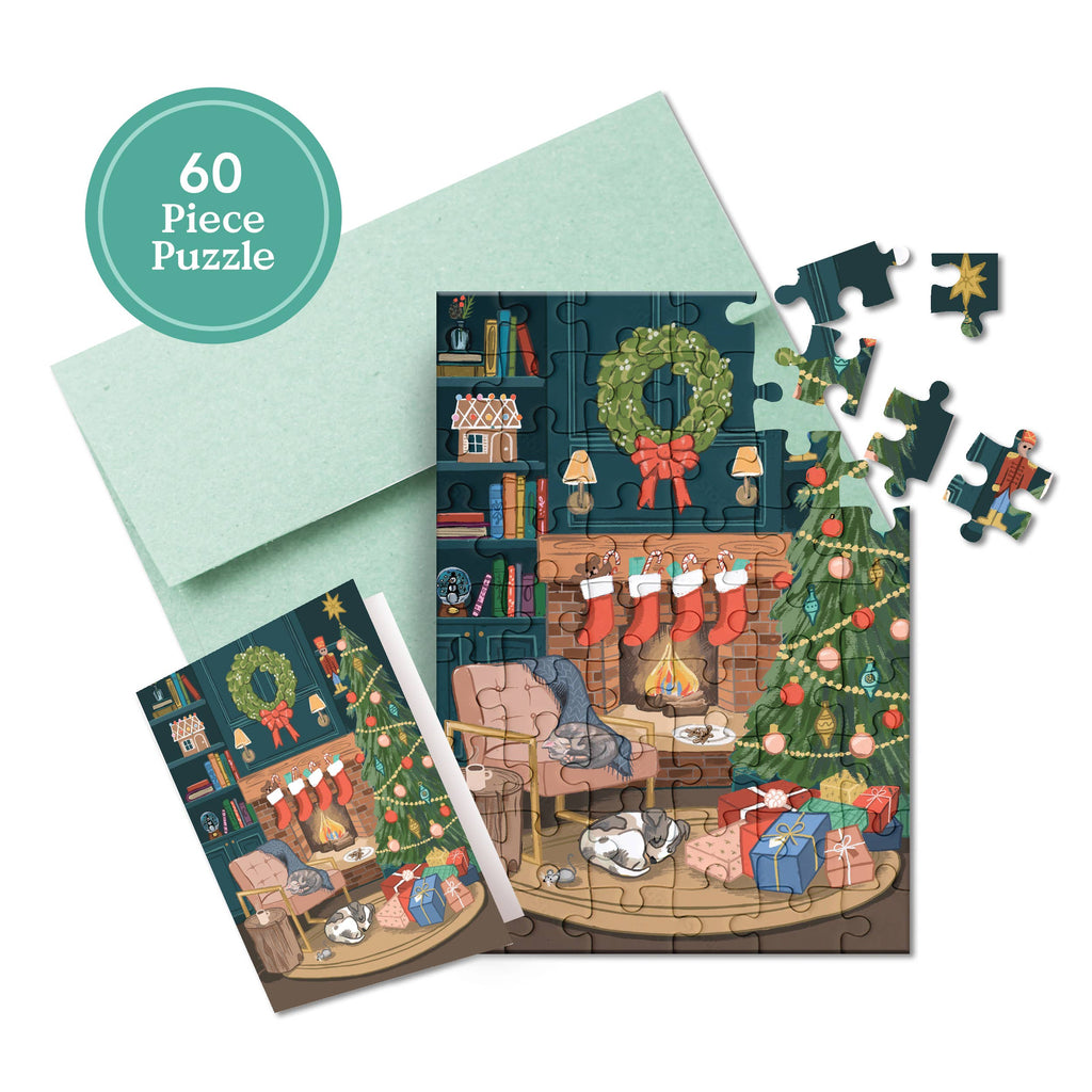 Puzzle Greeting Card – Cozy Fireplace Scene