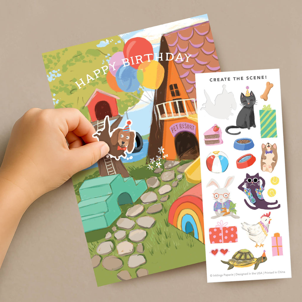 Pet Resort Birthday Sticker Scene Card