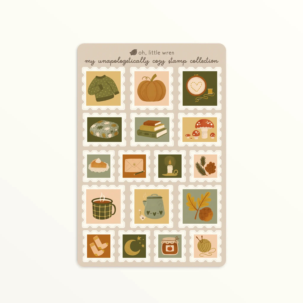 Cozy Fall Stamp Collection Sticker Sheet | 4x6 Inches | 17 Autumn Stamp Stickers