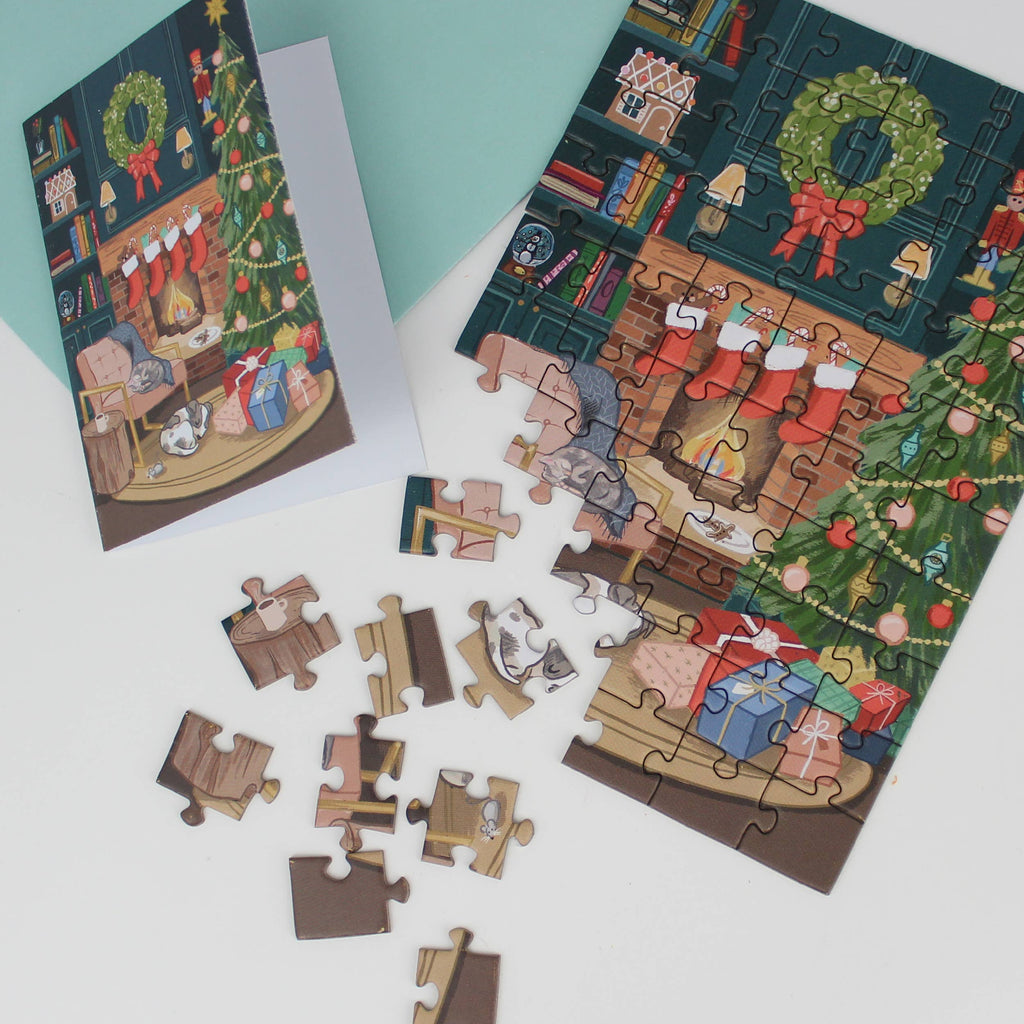Puzzle Greeting Card – Cozy Fireplace Scene