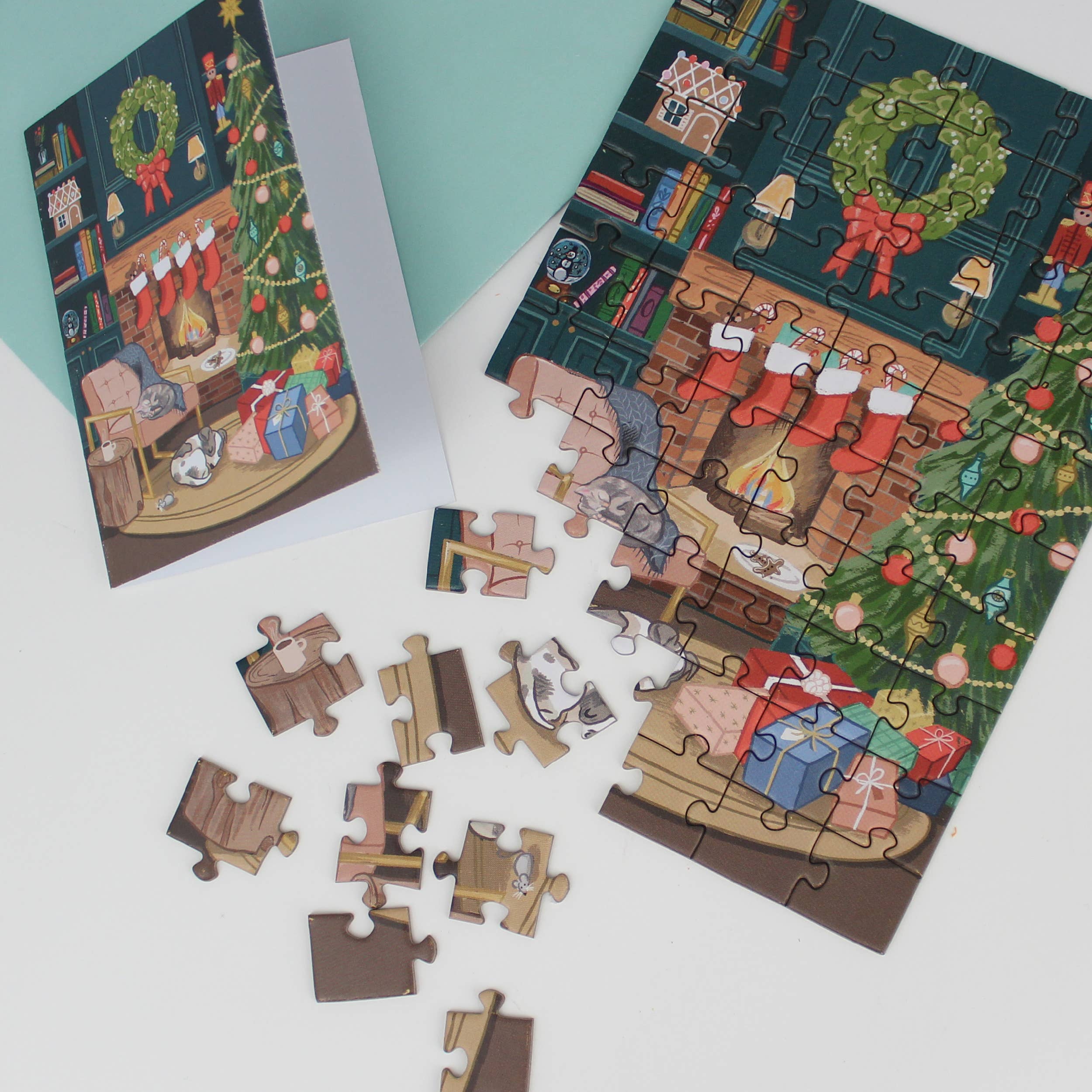 Puzzle Greeting Card – Cozy Fireplace Scene