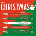 Set of Christmas-themed pens with humorous sayings on a red and green background with Santa Claus.