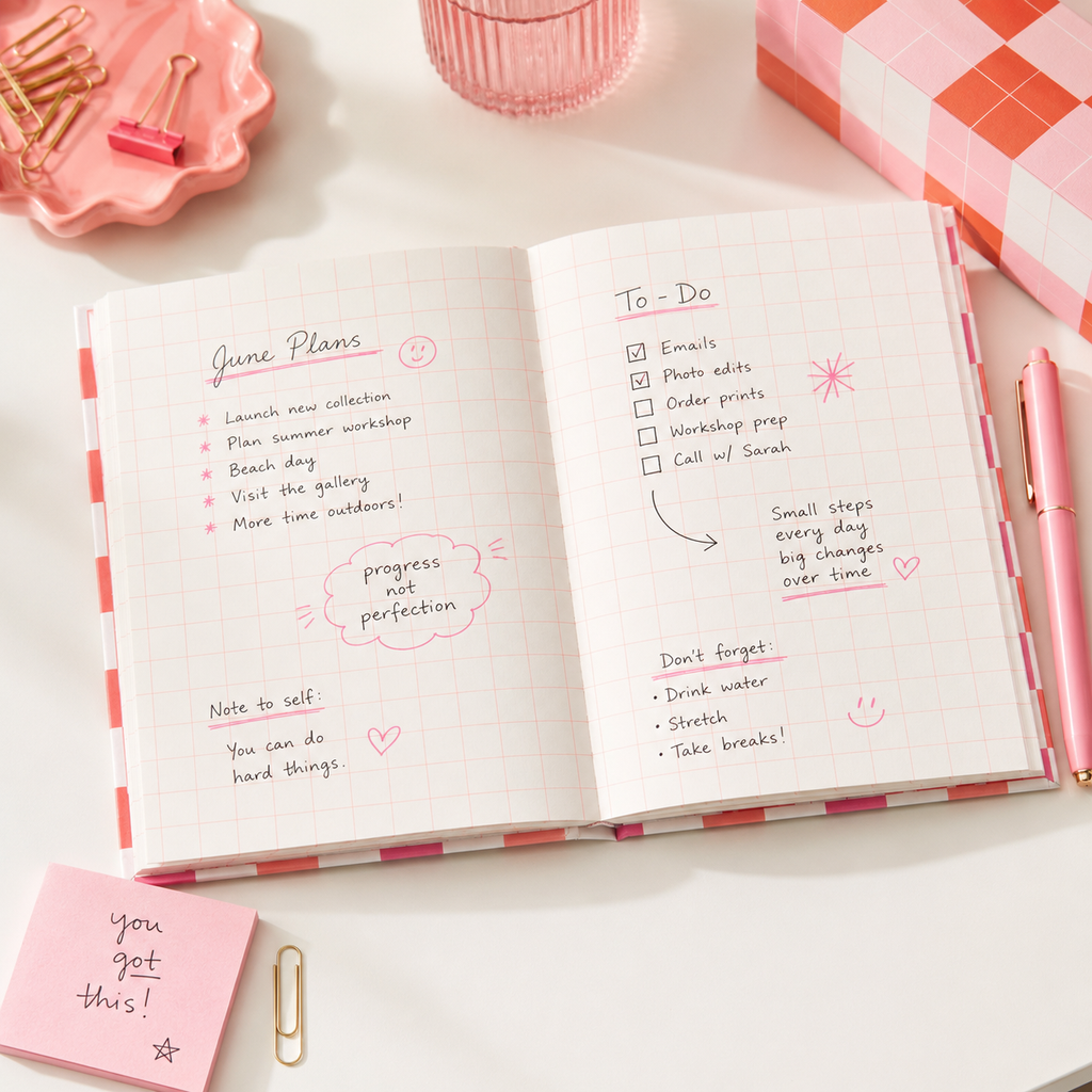 Checkered Star Pink & Orange Hardcover Journal Notebook 6x8
