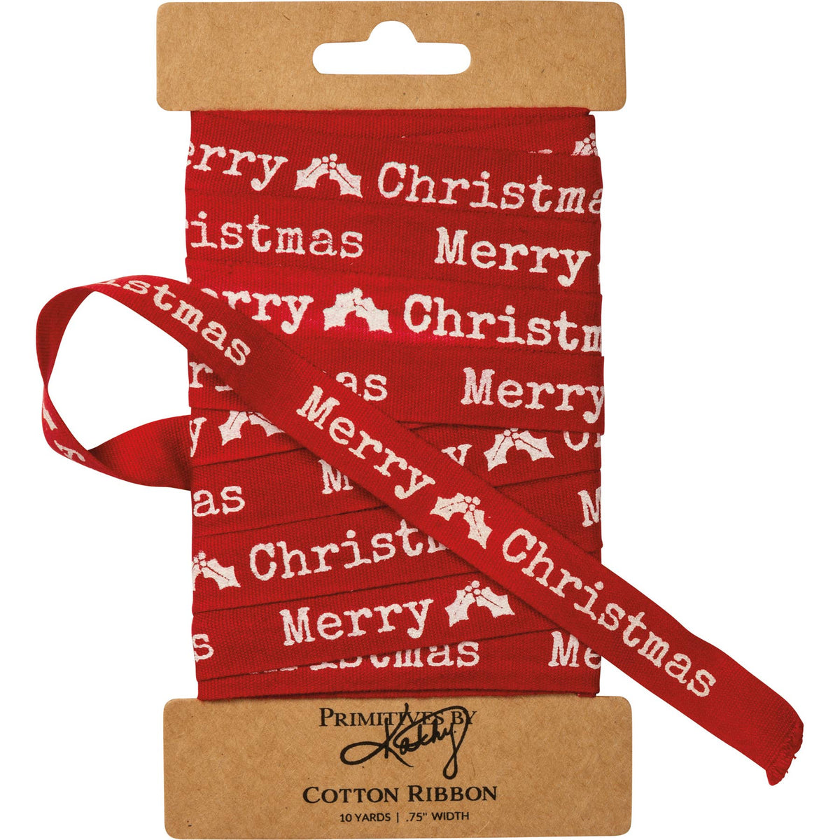 Merry Christmas Holly Cotton Ribbon | Holiday Gift Wrapping Ribbon – .75" x 10 Yards