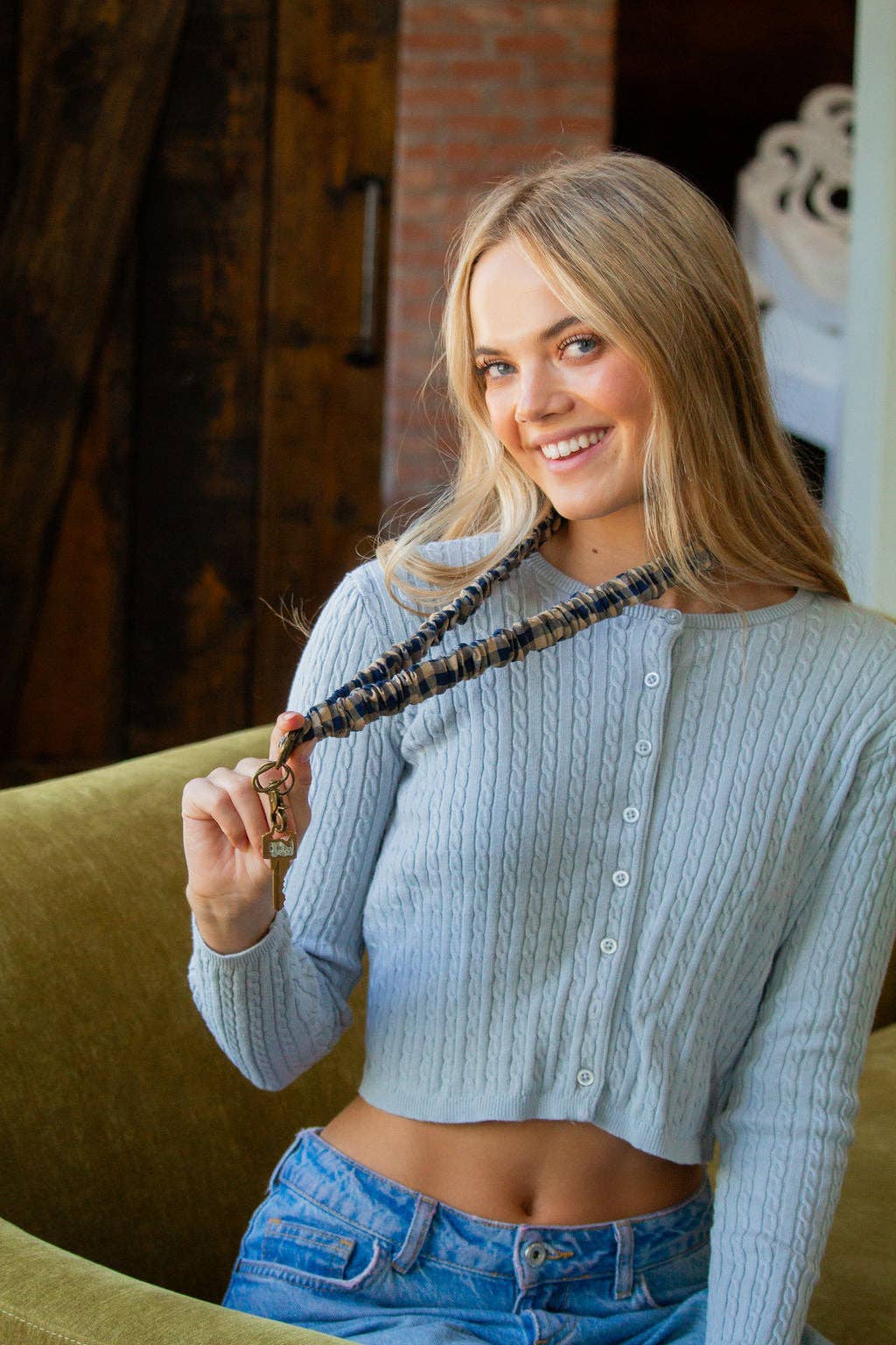 Navy Dreams Gingham Lanyard | Navy & Tan Plaid ID Badge Holder
