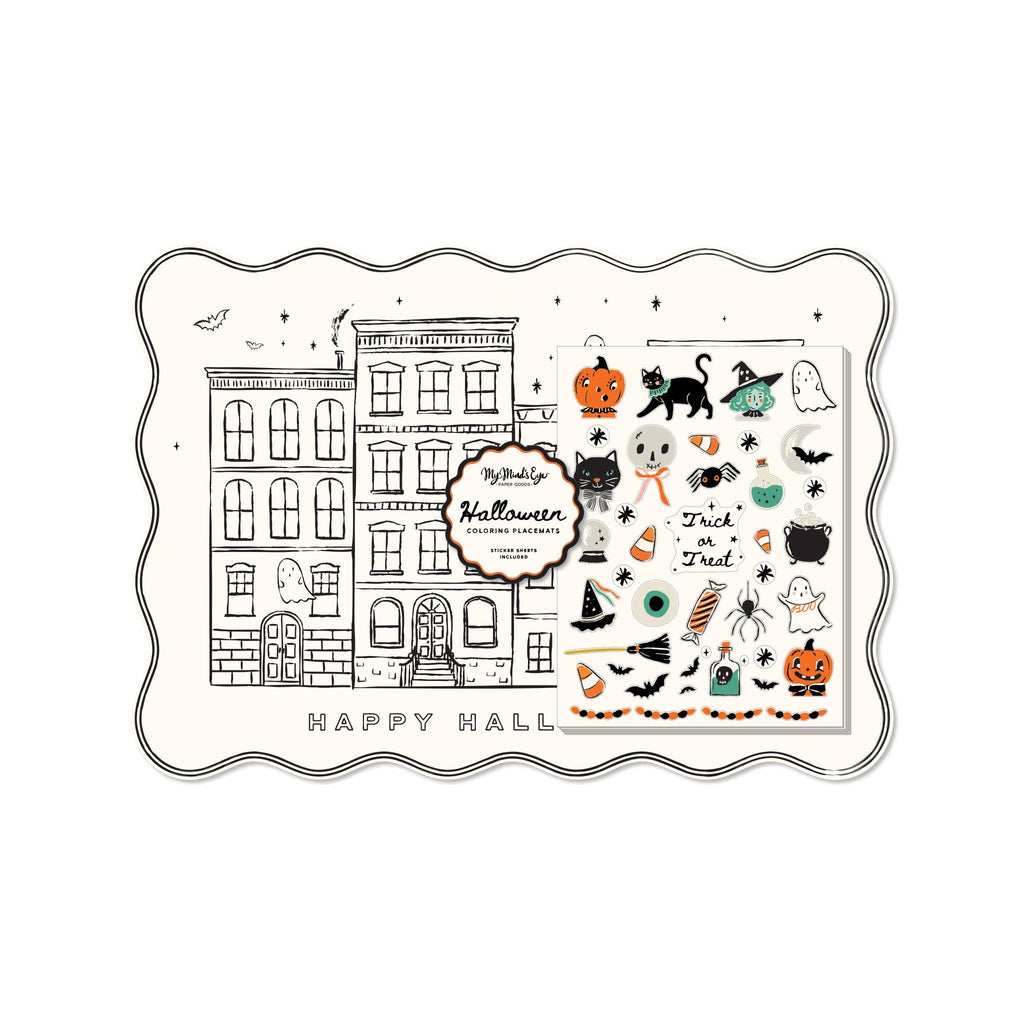 A Halloween-themed sticker sheet set displayed on a white background. The set includes a large rectangular sheet featuring a black-and-white haunted house illustration with 'HAPPY HALLOWEEN' text, and a smaller square sheet with colorful Halloween stickers such as pumpkins, a black cat, a witch, ghosts, bats, candy corn, and 'Trick or Treat'.