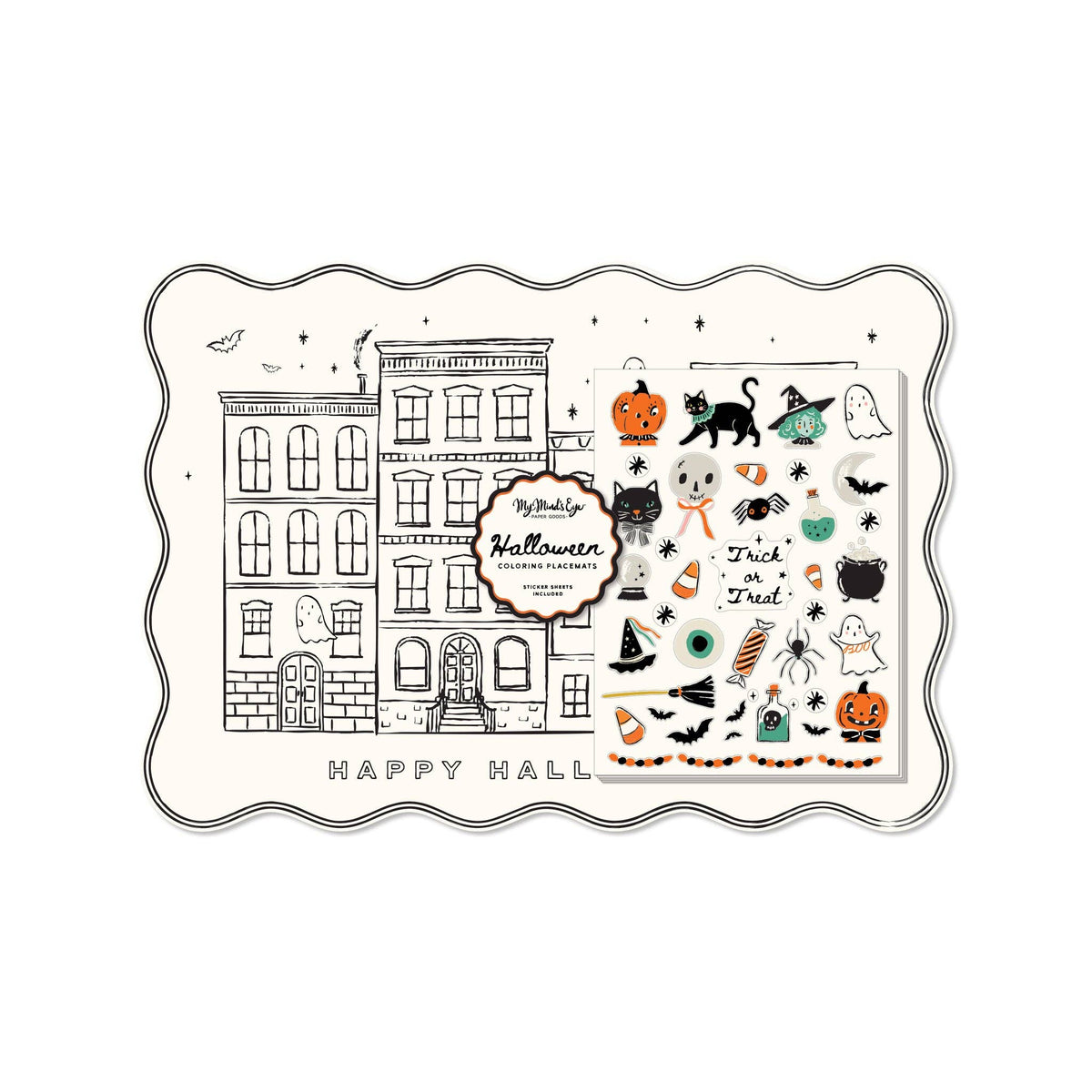 A Halloween-themed sticker sheet set displayed on a white background. The set includes a large rectangular sheet featuring a black-and-white haunted house illustration with 'HAPPY HALLOWEEN' text, and a smaller square sheet with colorful Halloween stickers such as pumpkins, a black cat, a witch, ghosts, bats, candy corn, and 'Trick or Treat'.