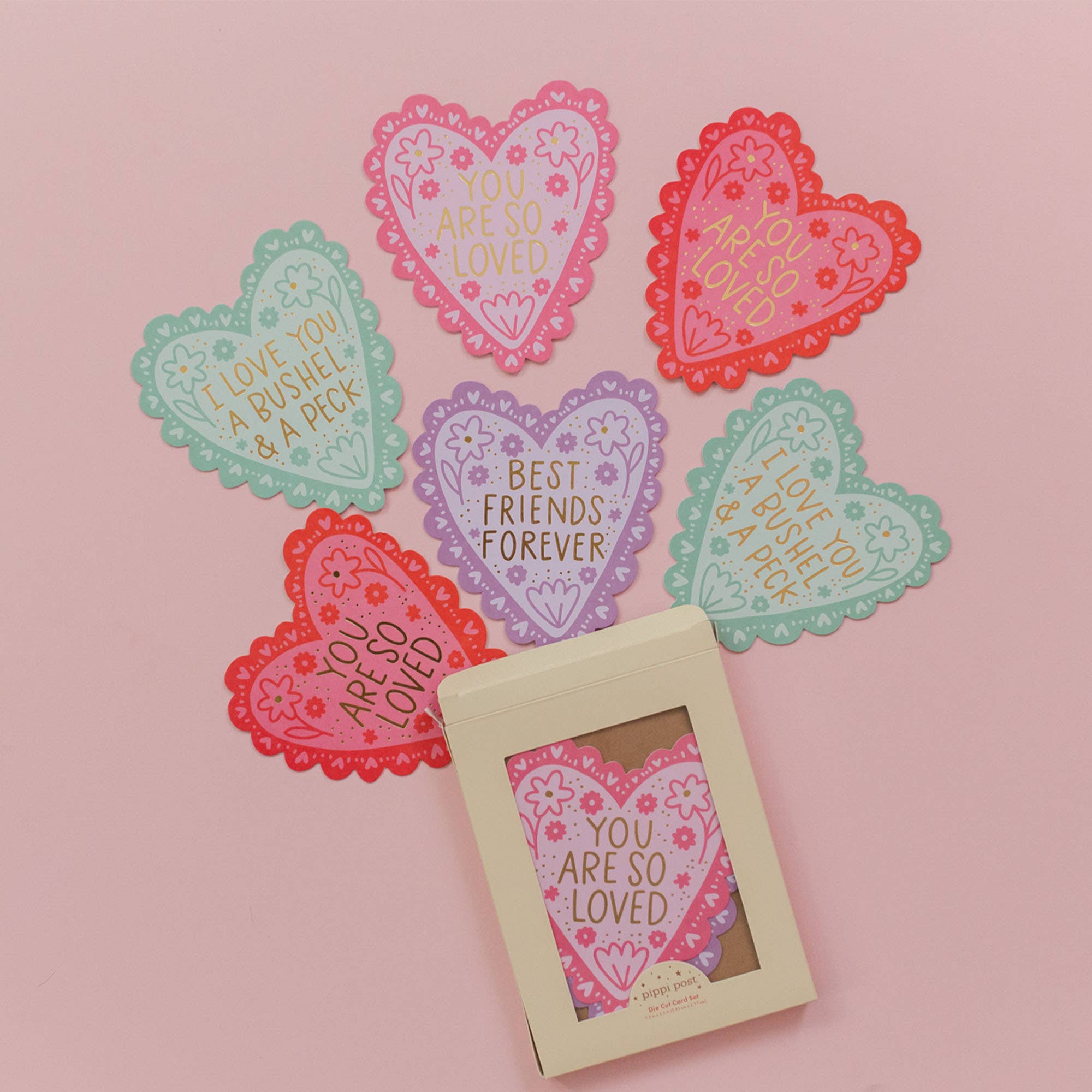 Valentine’s Day Greeting Card Boxed Set – Die-Cut Heart Cards with Gold Foil by Pippi Post