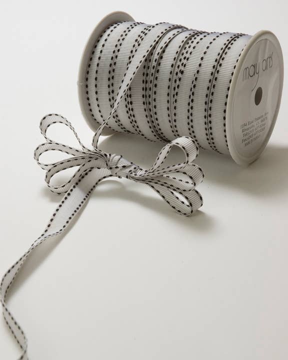 3/8" White Classic Grosgrain Ribbon with Black Stitches