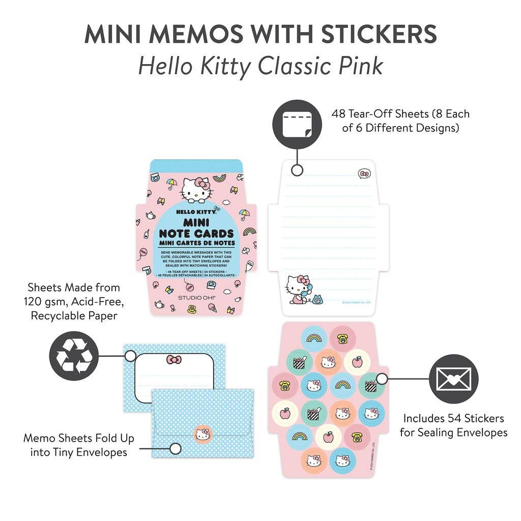 Note Writer Mini Note Card Set – Hello Kitty Classic Pink Mini Cards with Stickers by Studio Oh!