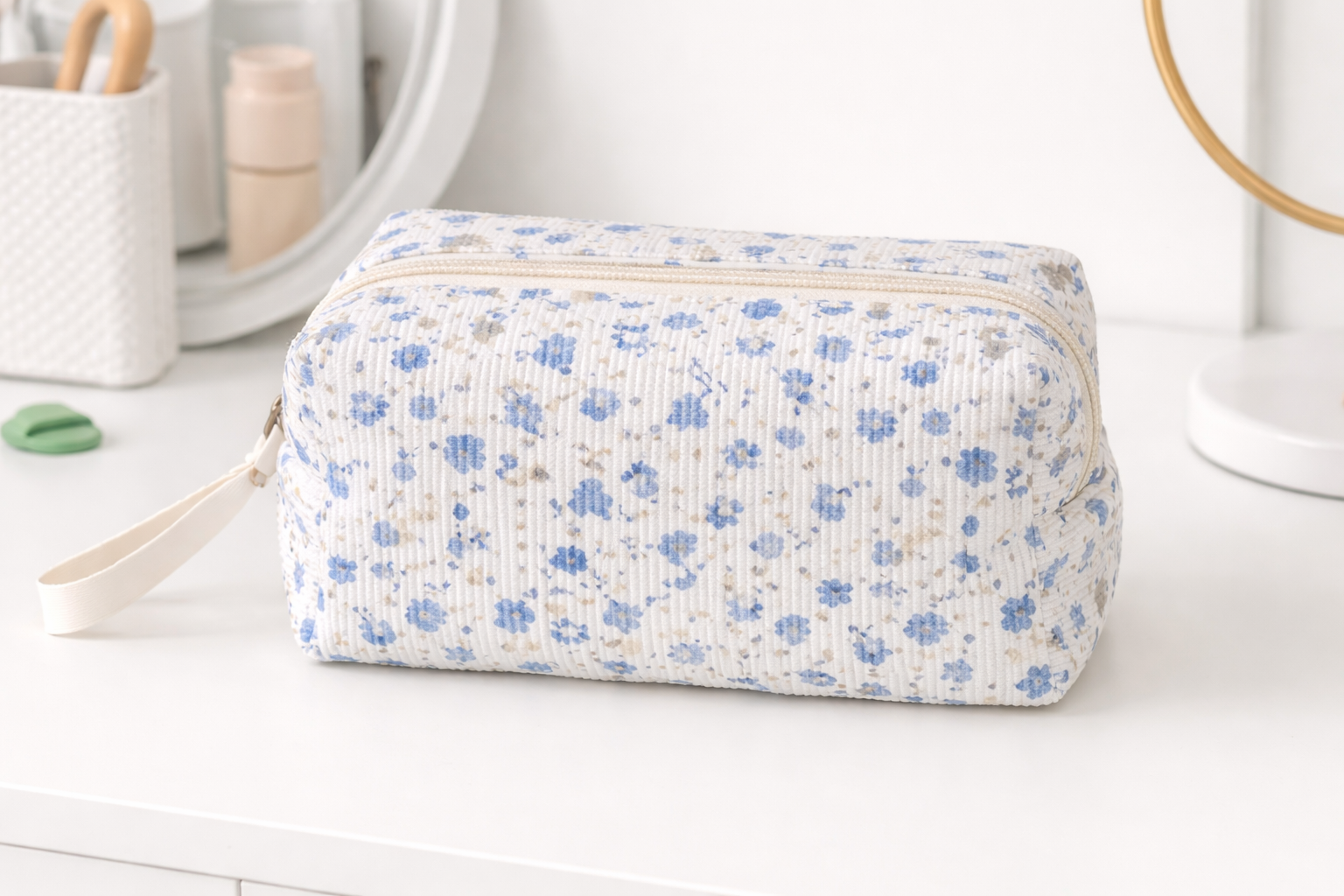 Corduroy Ditsy Floral Print Travel Organizer Bag- Blue Floral