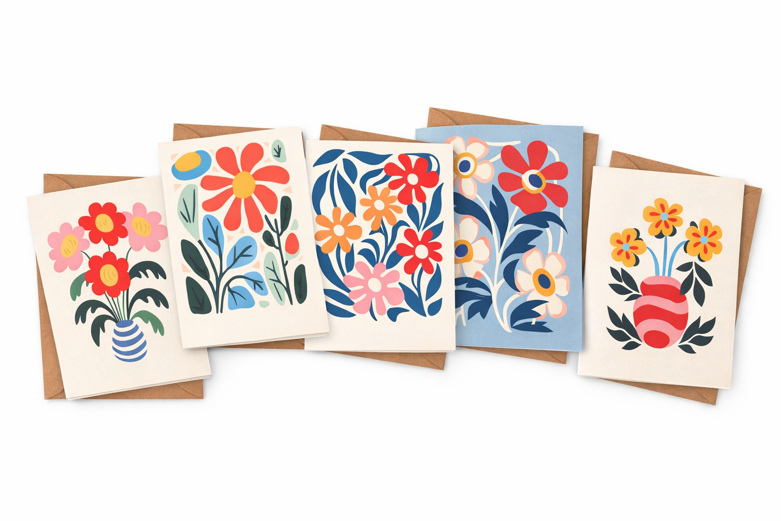 Floral Blank Note Card Set | 5 Cards with Kraft Envelopes