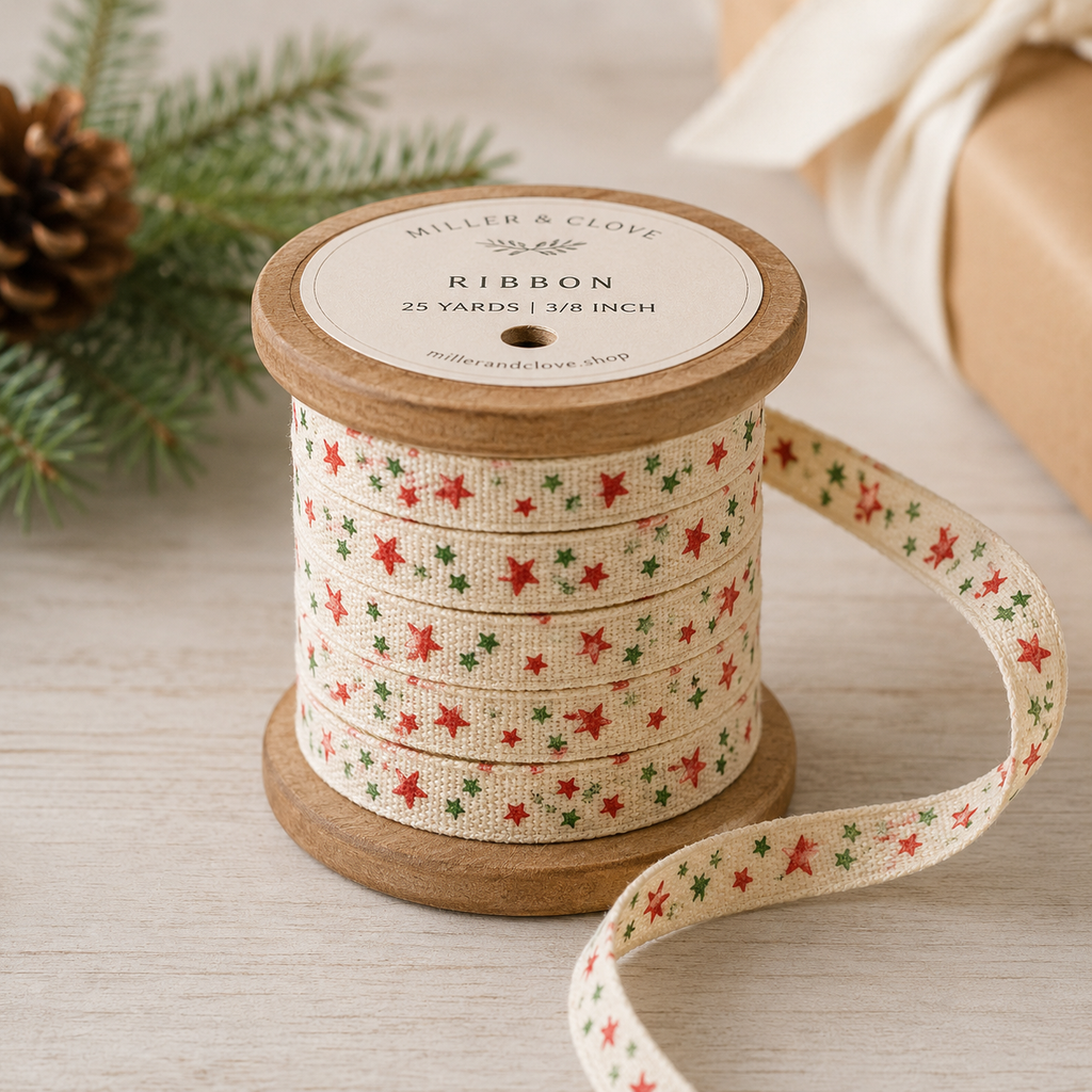 Vintage Christmas Ribbon | Red & Green Star | 25 Yards on Wooden Spool