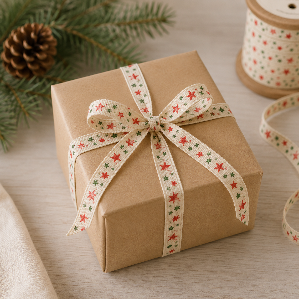 Vintage Christmas Ribbon | Red & Green Star | 25 Yards on Wooden Spool