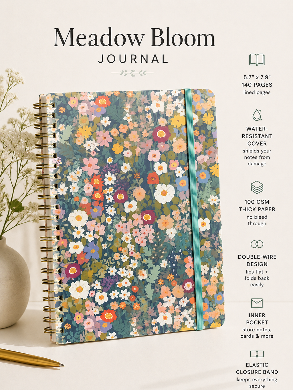 Meadow Bloom Journal — Floral Lined Notebook