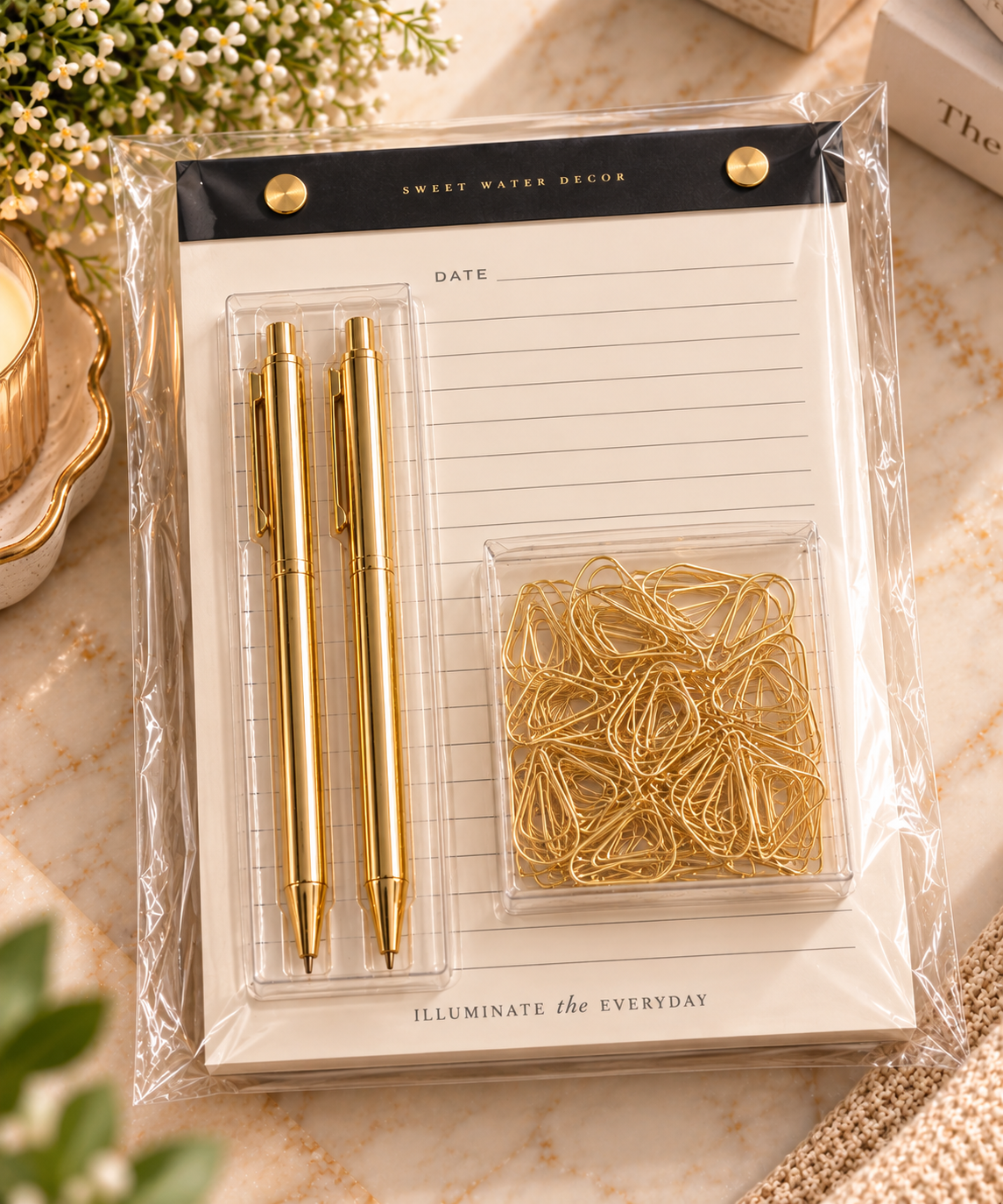 Golden Desk Essentials Gift Set | Notepad, Gold Metal Pens & Paper Clips