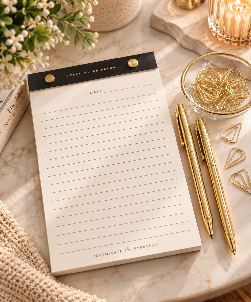 Golden Desk Essentials Gift Set | Notepad, Gold Metal Pens & Paper Clips