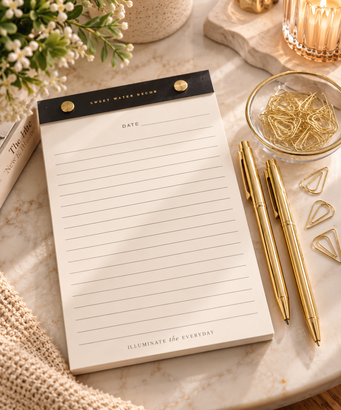 Golden Desk Essentials Gift Set | Notepad, Gold Metal Pens & Paper Clips