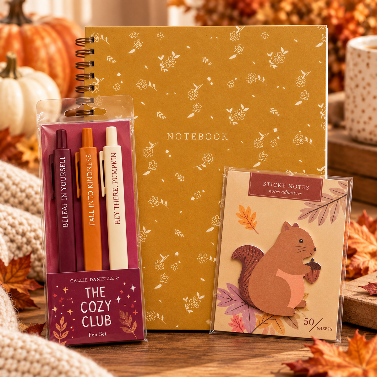 Fall Stationery Gift Set | Floral Journal, Fall Pens & Squirrel Sticky Notes