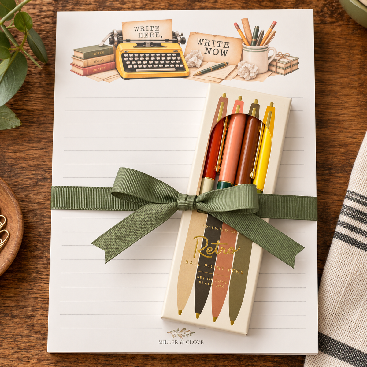 Write Here, Write Now Vintage Stationery Gift Set | 2 Notepads + Retro Metal Pens