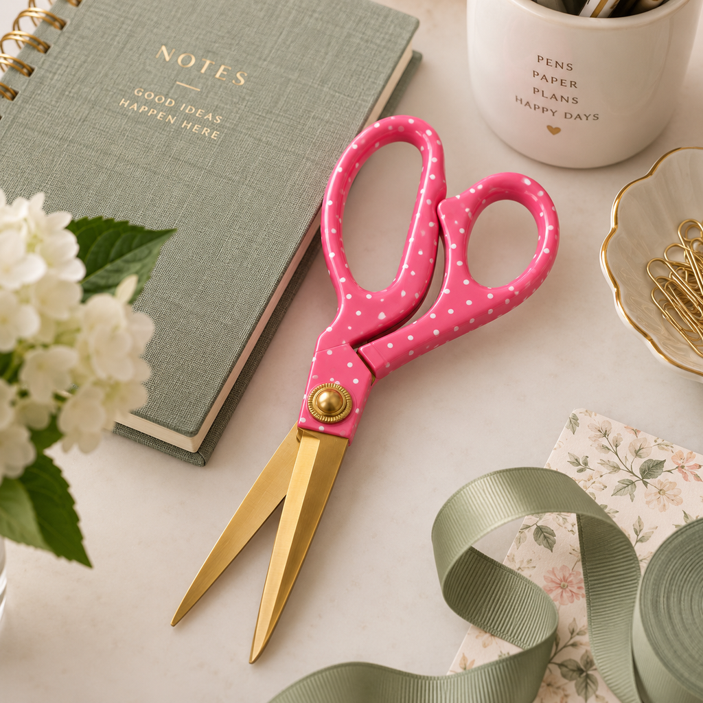 Pink Polka Dot Scissors with Gold Blades – 9.5 Inch