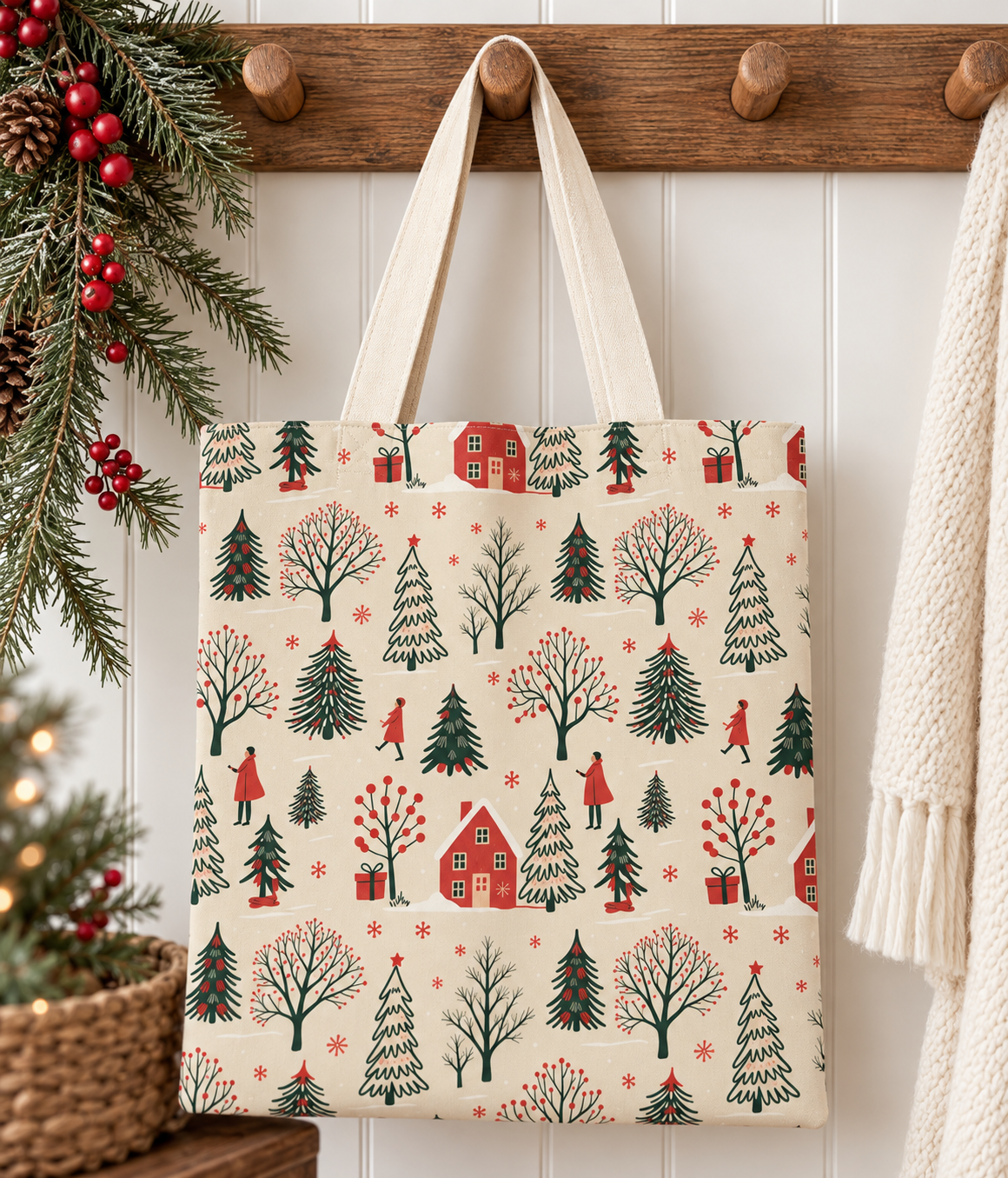 Christmas Village Canvas Tote Bag | Red & Green Holiday Market Tote
