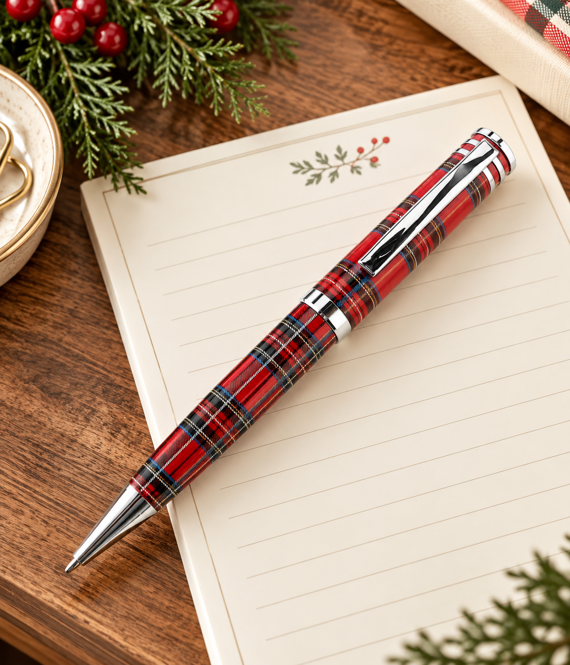 Red Plaid Luxury Metal Pen | Christmas Tartan Twist Pen