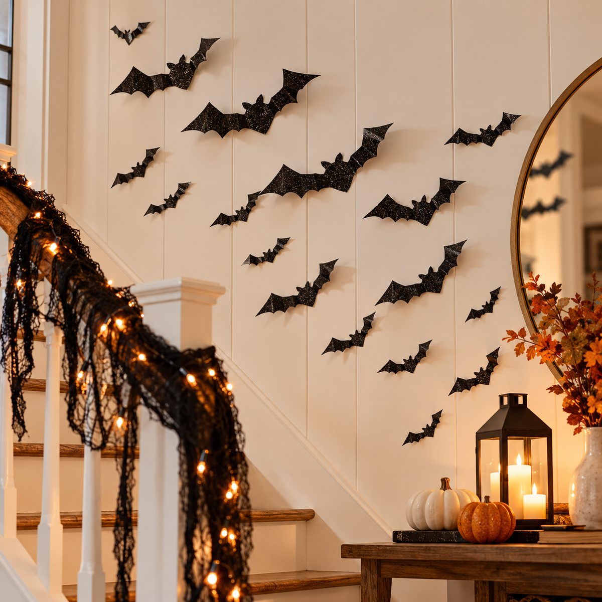50-Piece Halloween Bat Wall Decorations | Black Glitter 3D Bats