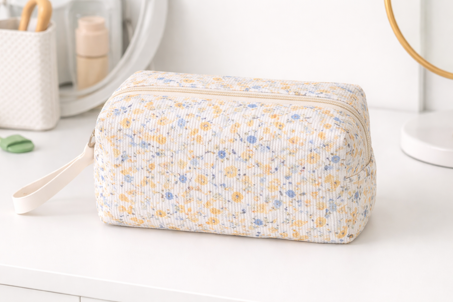 Corduroy Ditsy Floral Print Travel Organizer Bag- Yellow