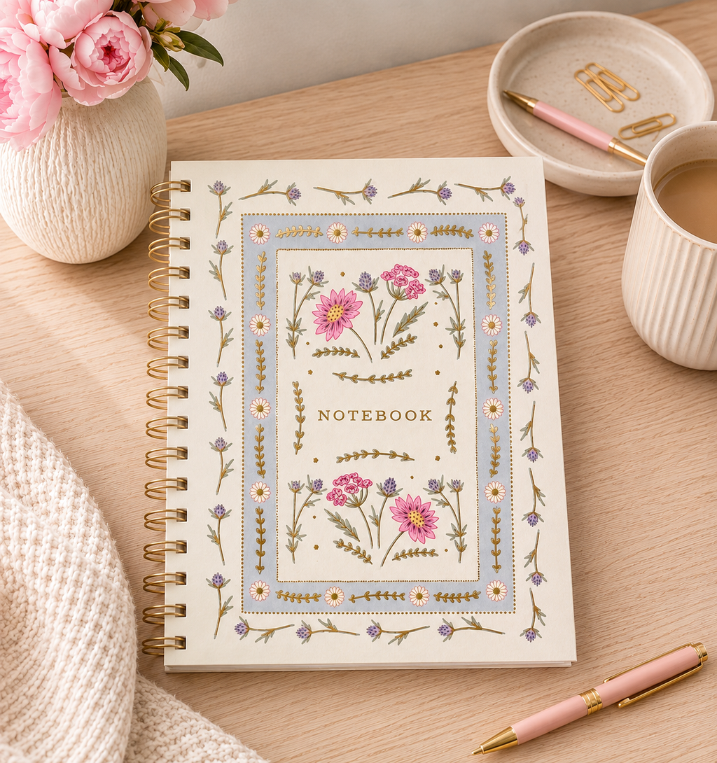 White Apple & Clover Notebook | A5 Hardback Gold Spiral