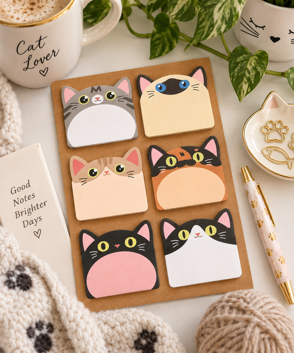 Six cute cat-face sticky notes on a brown backing sheet, styled in a cozy flat-lay with a cat-themed mug, plant, yarn, and a pen.