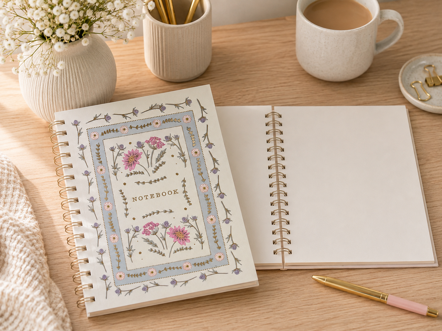 White Apple & Clover Notebook | A5 Hardback Gold Spiral