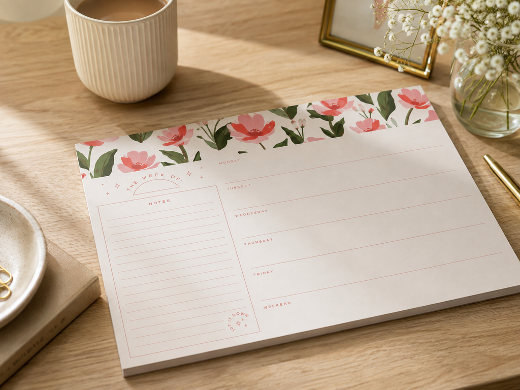 Weekly Botanical Planner Notepad | Pink Floral Tear-Off
