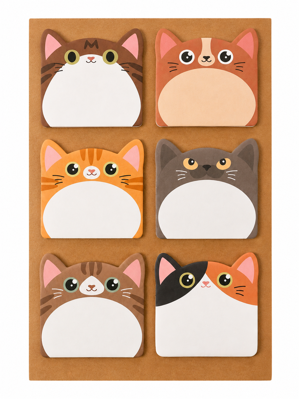 A set of six cute cartoon cat-face notepad pads arranged in a 3x2 grid on a brown backing card. The cats have different color patterns including orange, brown, gray, black, and white, with blank white writing areas on each pad.