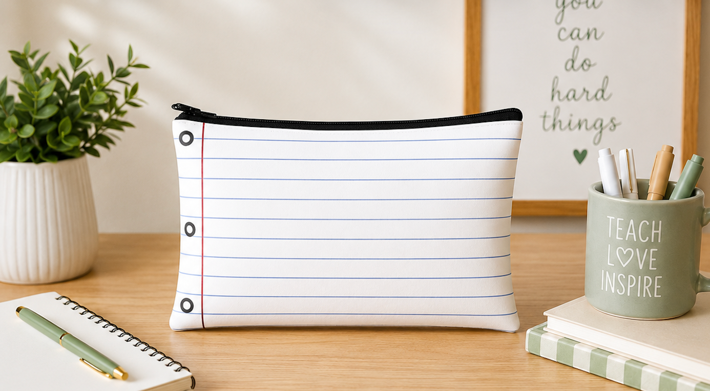 Notebook pouch on a desk styled with pens and a notepad