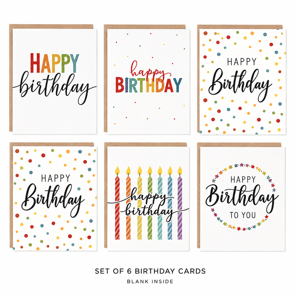 Birthday Card Set - Assorted Designs (Set of 6)