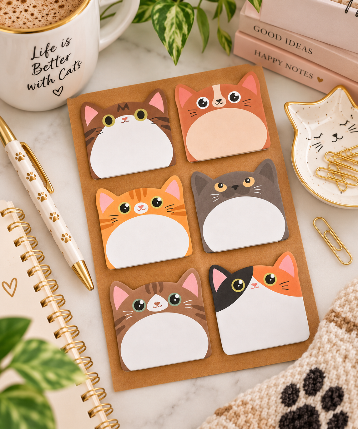 A set of six cute cartoon cat-face sticky notes on a brown backing sheet, styled in a desk flat-lay with a white cat-themed mug, gold pen, notebook, and paper clips.