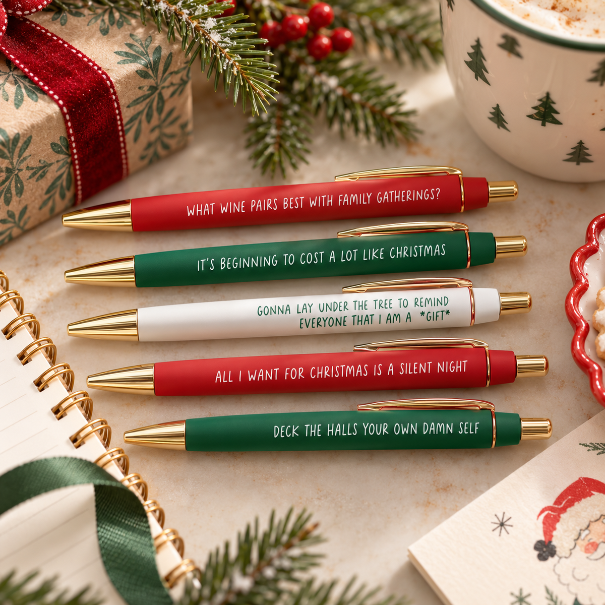 Funny Christmas Pen Set - 5 Holiday Humor Pens, Stocking Stuffer