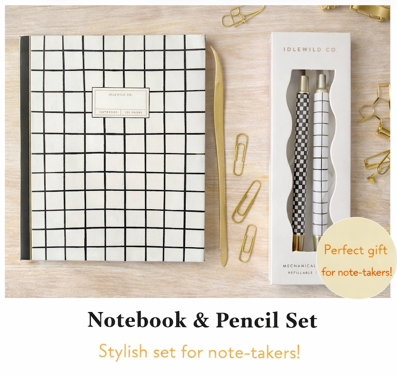 Notebook & Pencil Set in Black, White & Gold | Miller & Clove