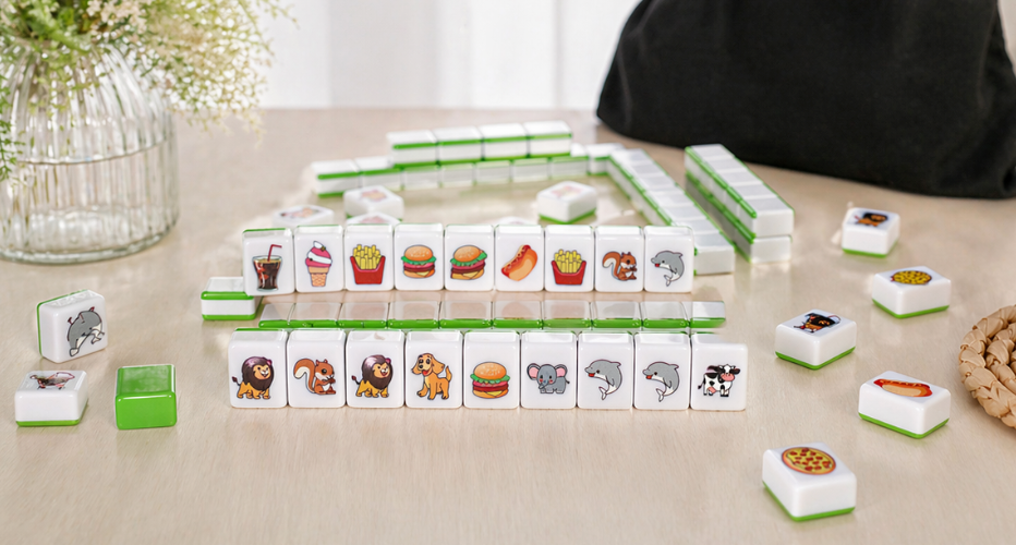 Animal & Food Pattern Mahjong Set – 50 Tiles with Carry Bag